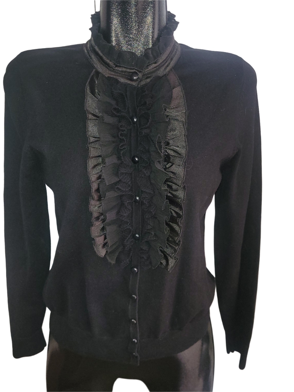 Black Ruffled Neckline And Front Button Placket Whimsgoth Sweater